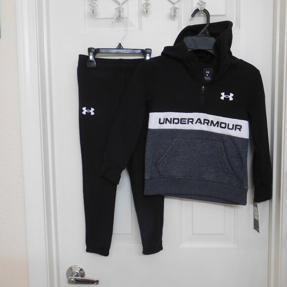 NWT 2pc Under Armour Black Gray White Logo Hooded Sweatshirt & Joggers sz 4 - Picture 1 of 1